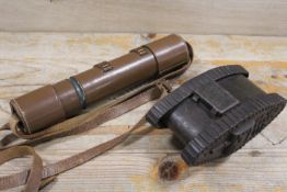 A LEATHER CASED HILARY 'EVEREST X25 ' X40 FOUR DRAW TELESCOPE TOGETHER WITH A VINTAGE THE TANK