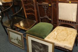 FOUR ASSORTED ANTIQUE CHAIRS TOGETHER WITH A MONET PRINT AND AN ENGRAVING (6)