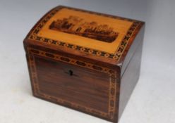 A DOMED TOPPED TUNBRIDGEWARE TEA CADDY, W 14 cm