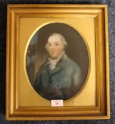 A 19TH CENTURY OVAL PORTRAIT STUDY OF A GEORGIAN GENTLEMAN, with trees beyond, unsigned, pastel on