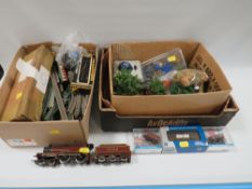 TWO BOXES CONTAINING 'N GAUGE' ITEMS, to include three pieces of rolling stock, two Peco and one