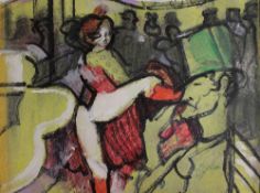 (XX). Impressionist interior scene with figures at The Moulin Rouge, unsigned, mixed media on