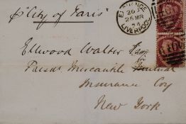 POSTAGE STAMP - S.G.51 1870 1½ d, vertical pair on entire Liverpool to New York