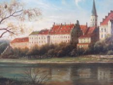 E. VERNON (XX). Wooded river landscape with college buildings on the far bank, signed lower right,