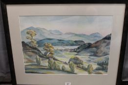 MERYL WATTS (1910-1992). Impressionist mountainous wooded lake scene with buildings, signed lower