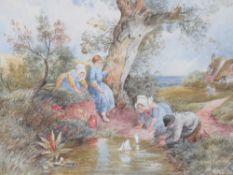 B.F. (XIX). Rural scene with children playing with boats in a pond, cottage in background, signed