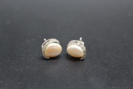 A PAIR OF 14 CARAT WHITE GOLD MOTHER OF PEARL AND DIAMOND EARRINGS, approx combined weight 4.3g, Dia