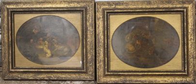 A PAIR OF 19TH CENTURY OVAL INTERIOR SCENES WITH DOGS, young boy feeding some of them, unsigned,