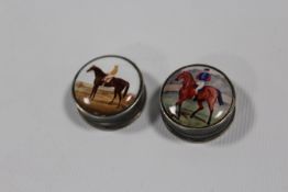 TWO SMALL SILVER AND ENAMEL PILL BOXES WITH JOCKEYS ON HORSEBACK, circular (2)