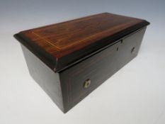 A SWISS 19TH CENTURY SMALL CYLINDER MUSIC BOX, in a simulated inlaid rosewood case, playing four
