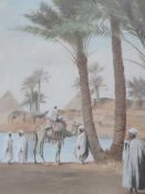 FREDERICK HANCOCK (XIX-XX). British school, 'Pyramids by The Nile', with camels and figures, see