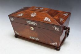 A LARGE ROSEWOOD TEA CADDY, with mother of pearl inlay, W 31 cm