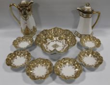 TWO LARGE NORITAKE COFFEE POTS, together with a Nippon gilt shaped bowl and six dishes (9)