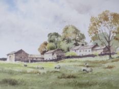 PETER J BURKE (XX). British school 'A Moorland Farmstead', with sheep, see verso, signed lower left,