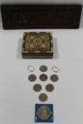 AN INLAID MICRO MOSAIC JEWELLERY BOX, including various collectable 50 pence piece coins - 2016