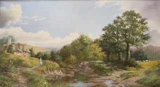 PETER A KOTKA (b. 1951). Wooded rural river landscape with figure and thatched cottage, signed lower