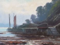 HENRY HADFIELD CUBLEY (1858-1934). Coastal harbour with fishing boat and figures 'Waiting for the