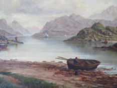 ENGLISH SCHOOL (XIX). A mountain lakeland scene with fishing boats and figures, oil on board, gilt