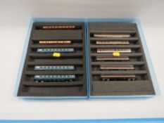 TWO TRAYS CONTAINING ELEVEN 'N GAUGE' CARRIAGES, by Grafar, Bachmann etc