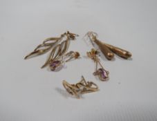FOUR PAIRS OF YELLOW METAL EARRINGS, to include one pair stamped 375 to posts, approx combined
