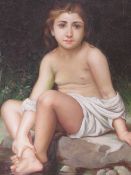 A 20TH CENTURY STUDY OF A FEMALE SEMI-NUDE FIGURE, seated on a riverside rock, oil on canvas,