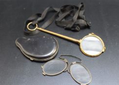 A GOLD PLATED LORGNETTE TOGETHER WITH A CASED PINCE NEZ, (2)