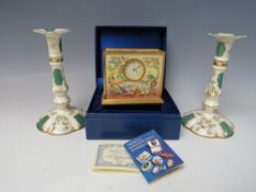 A BOXED HALCYON DAYS ENAMEL DESK CLOCK, with bird, foliate and landscape decoration, W 11 cm, H 9