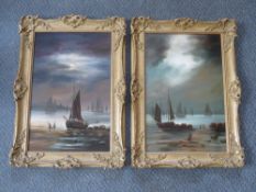 VAN ?? (XX). Continental school, a pair of moonlit rocky shore scenes with figures and fishing