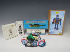 A COLLECTION OF SIX TIN PLATE TOYS, (five are boxed), to include Inertia Crocodile MS224,