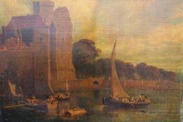 DUTCH SCHOOL (19TH CENTURY). A river landscape with figures in boats before a walled village, oil on