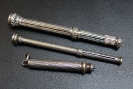 SAMPSON MORDAN - THREE SILVER PENCILS CONSISTING OF A HALLMARKED VICTORIAN EXAMPLE WITH INSET