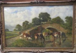 CIRCLE OF THOMAS SIDNEY COOPER (1803-1902). Cattle and sheep watering beside a bridge , bears