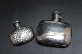 A HALLMARKED SILVER HIP FLASK BY RICHARDS & BROWN, date letter indistinct, together with a smaller