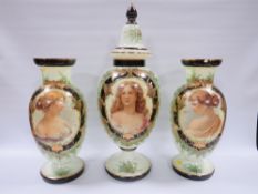 A VICTORIAN GREEN GLASS VASE GARNITURE SET, having female / maiden portrait decoration and gilded