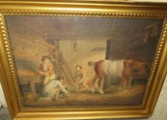 ENGLISH SCHOOL (XIX). Dog fighting in a stable, watercolour, gilt framed and glazed, 85.5 x 50 cm