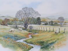 ADRIAN BROOKES (b.1965). Wooded landscape with sheep by a stream, hills beyond, 'The Quiet Hills',