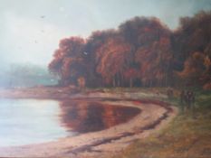 GEORGE W. AIKMAN (1831-1906). Wooded lake scene with horse, cart and figures, cattle and misty hills