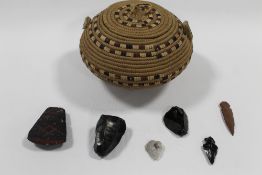 A NATIVE AMERICAN TRIBAL ART CALIFORNIAN COILED BASKET WITH LID, together with a collection of
