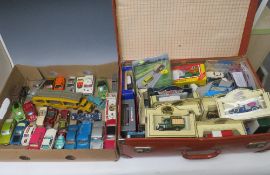 VINTAGE LEATHER SUITCASE FULL OF DIECAST VEHICLES, to include Lledo, Cararama etc., together with