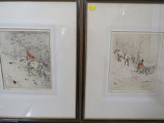 TOM CARR (1912-1977). A pair of hand coloured etchings, 'In the Snow - The Hunt Wicket' and 'A