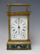 A LATE 20TH CENTURY FIVE GLASS CLOISONNE AND BRASS CASED CARRIAGE CLOCK, the enamel dial with