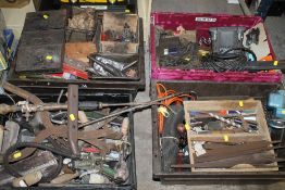 FOUR TRAYS OF TOOLS PLUS ONE BOX TO INCLUDE POWER TOOLS