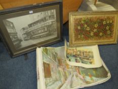 A FRAMED TRAM PRINT, AN OIL ON BOARD, PLUS VARIOUS ROLLED IMPRESSIONIST PRINTS