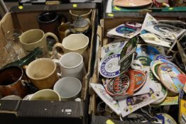 TWO TRAYS OF BREWERIANA TO INCLUDE BEER PUMP LABELS , BEER STEINS AND TANKARDS ETC