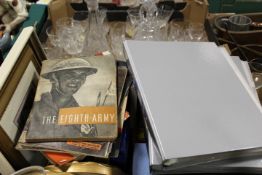 A TRAY OF ASSORTED COLLECTABLES TO INCLUDE CARRIAGE CLOCK , MILITARY BOOKS ETC