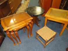 A YEW WOOD NEST OF TABLES, LAMP TABLE, OAK STOOL AND CIRCULAR OAK TABLE (4)
