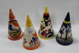 FOUR MOORLAND REPRODUCTION CLARICE CLIFF STYLE CONICAL SUGAR SHAKERS