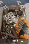 A TRAY OF ASSORTED METALWARE ETC TO INCLUDE CANDELABRA