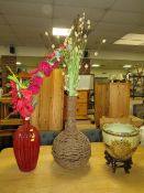A LARGE MODERN VASE, JARDINIERE ON STAND & WICKER VASE