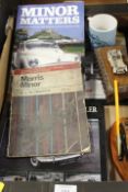 A TRAY OF ASSORTED MORRIS MINOR COLLECTABLES TO INCLUDE ILLUSTRATED CAR SERVICING SERIES FOR OWNER